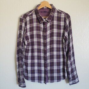 PrAna Riley Gauzy Organic Cotton Plaid Button Up Top Long Sleeve Purple Womens M